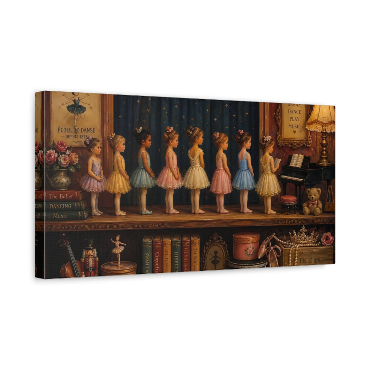 Side Mockup 3. Tiny Ballerinas On Stage shown as canvas print