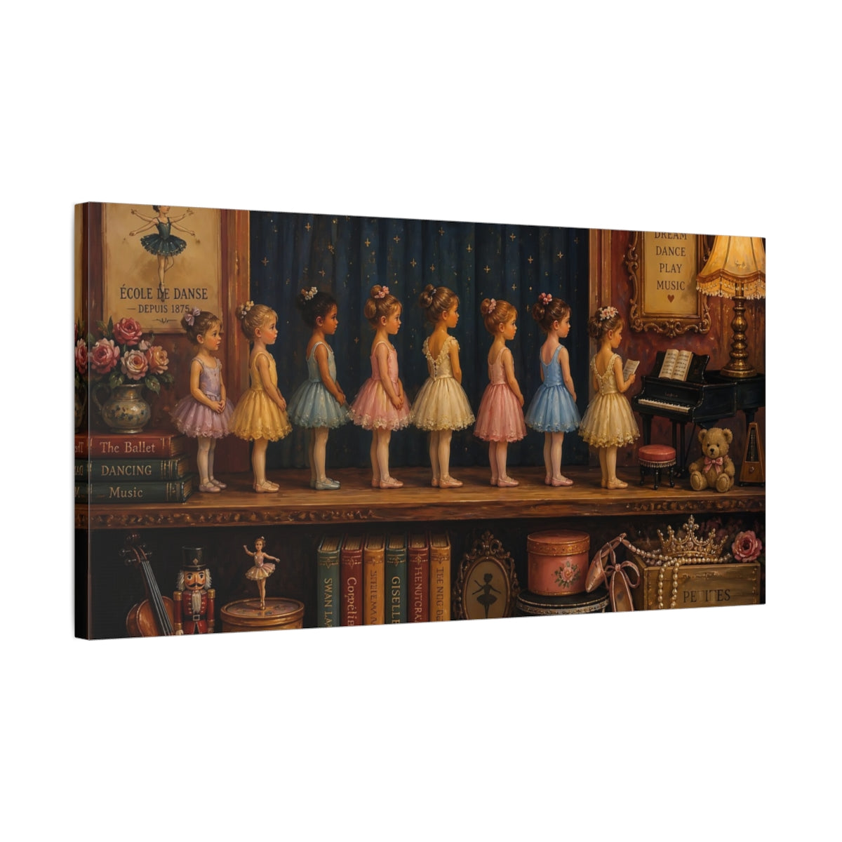 Side Mockup 1. Tiny Ballerinas On Stage shown as canvas print