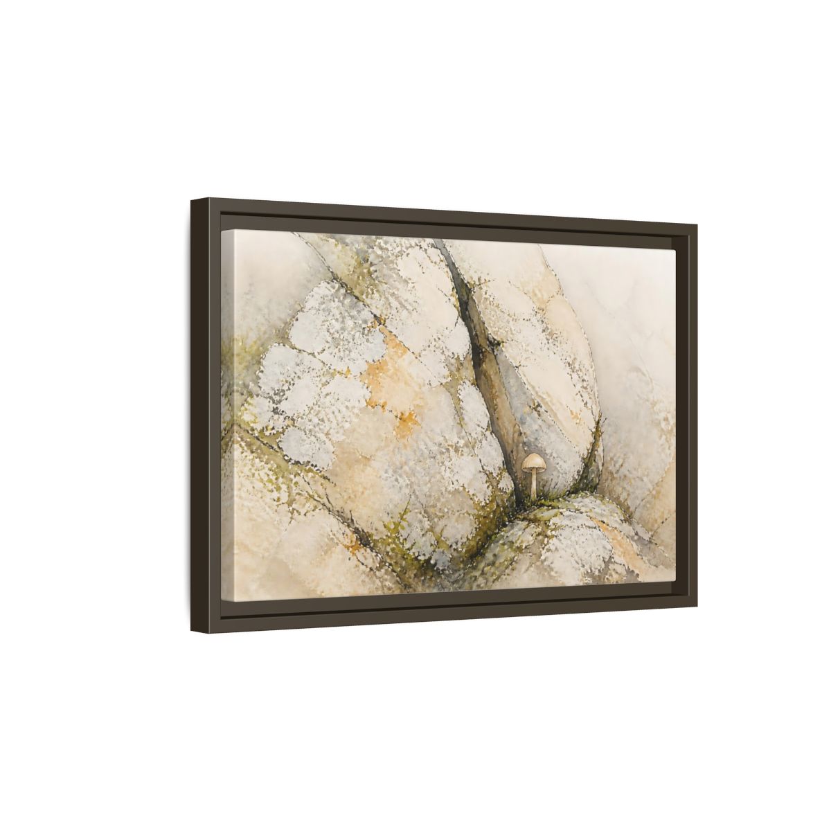 Side Mockup 5. Tiny Mushroom Beside Stone shown as framed canvas print