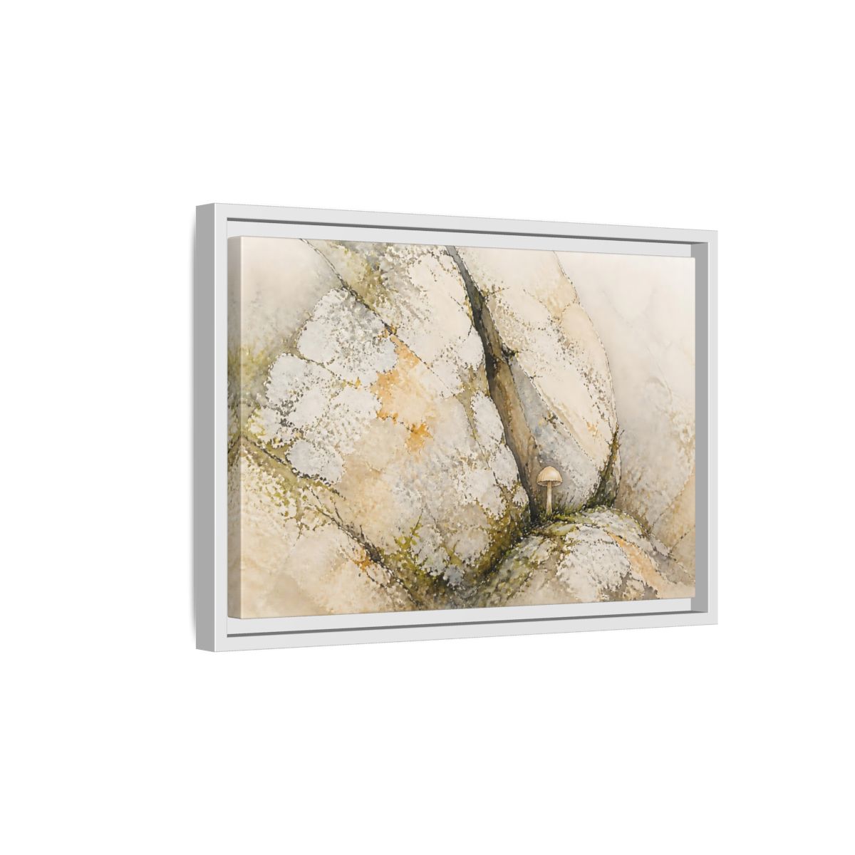 Side Mockup 4. Tiny Mushroom Beside Stone shown as framed canvas print