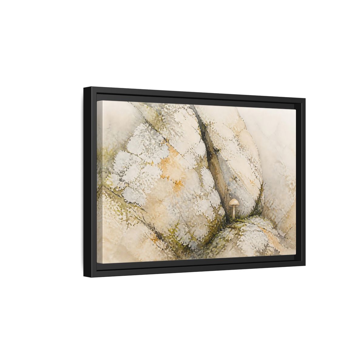 Side Mockup 6. Tiny Mushroom Beside Stone shown as framed canvas print