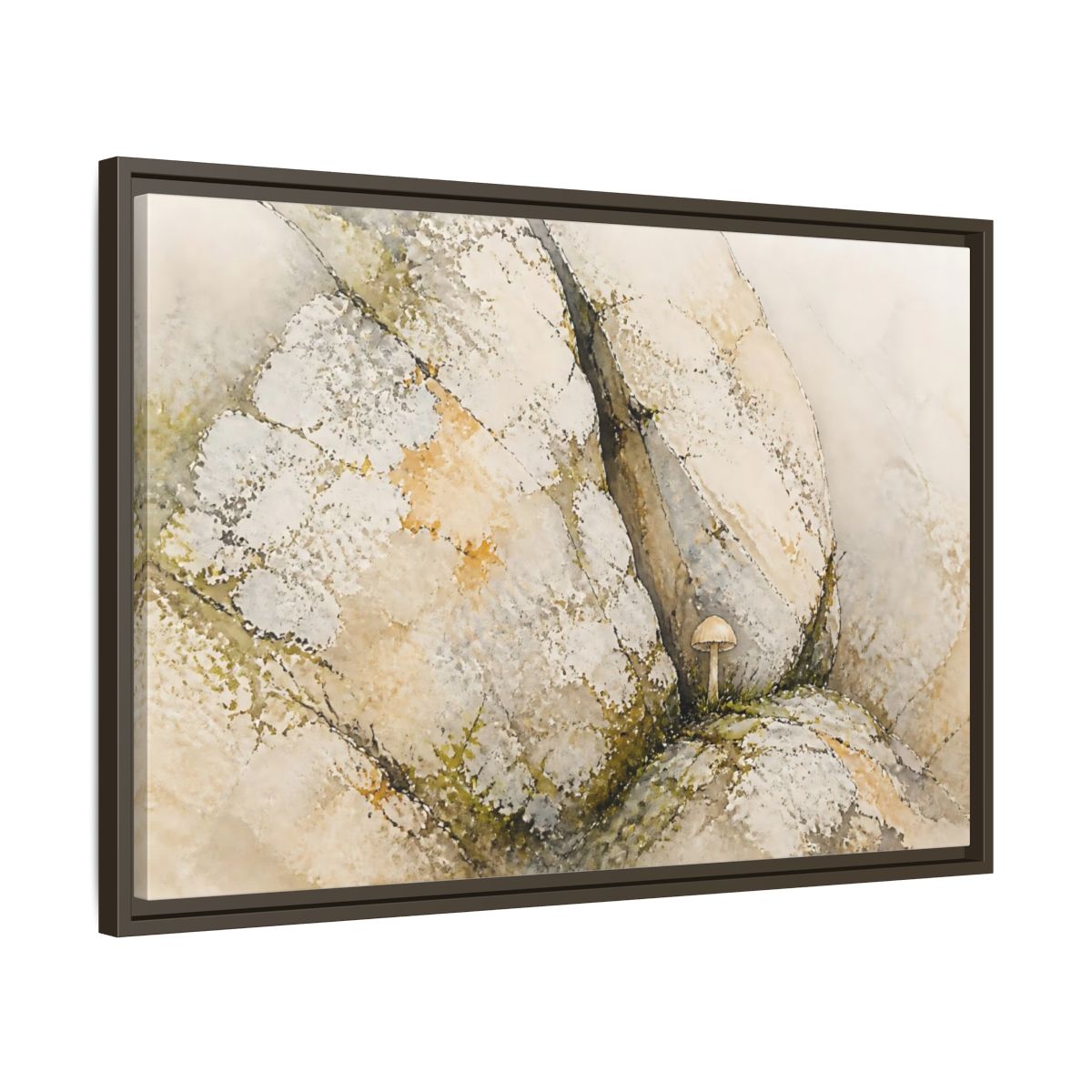 Side Mockup 11. Tiny Mushroom Beside Stone shown as framed canvas print
