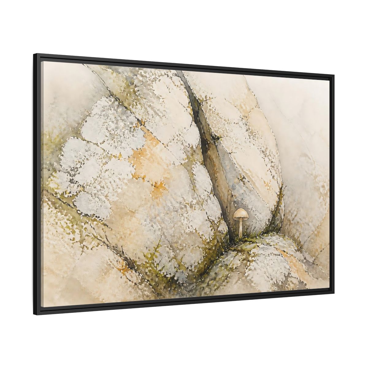 Side Mockup 12. Tiny Mushroom Beside Stone shown as framed canvas print