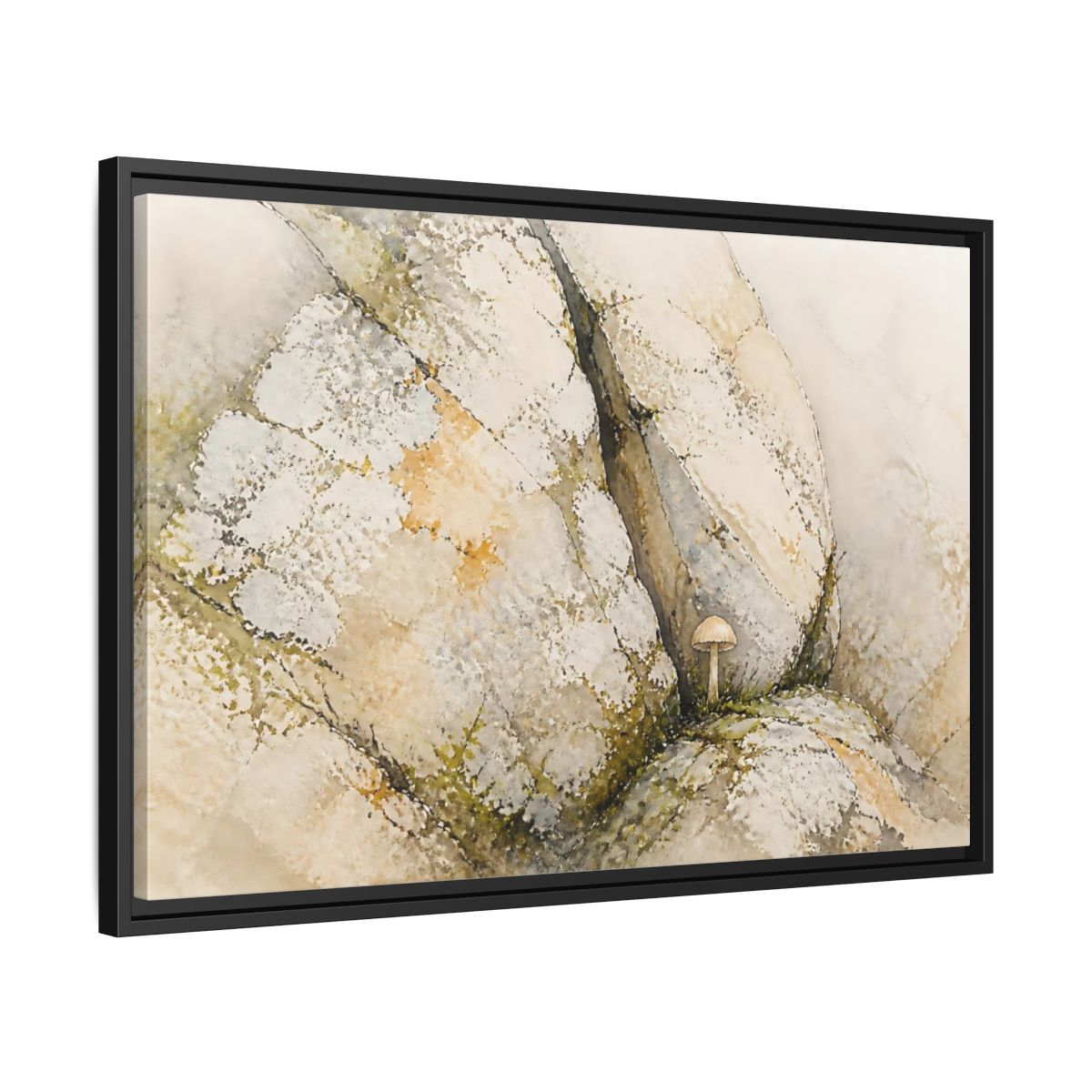 Side Mockup 14. Tiny Mushroom Beside Stone shown as framed canvas print