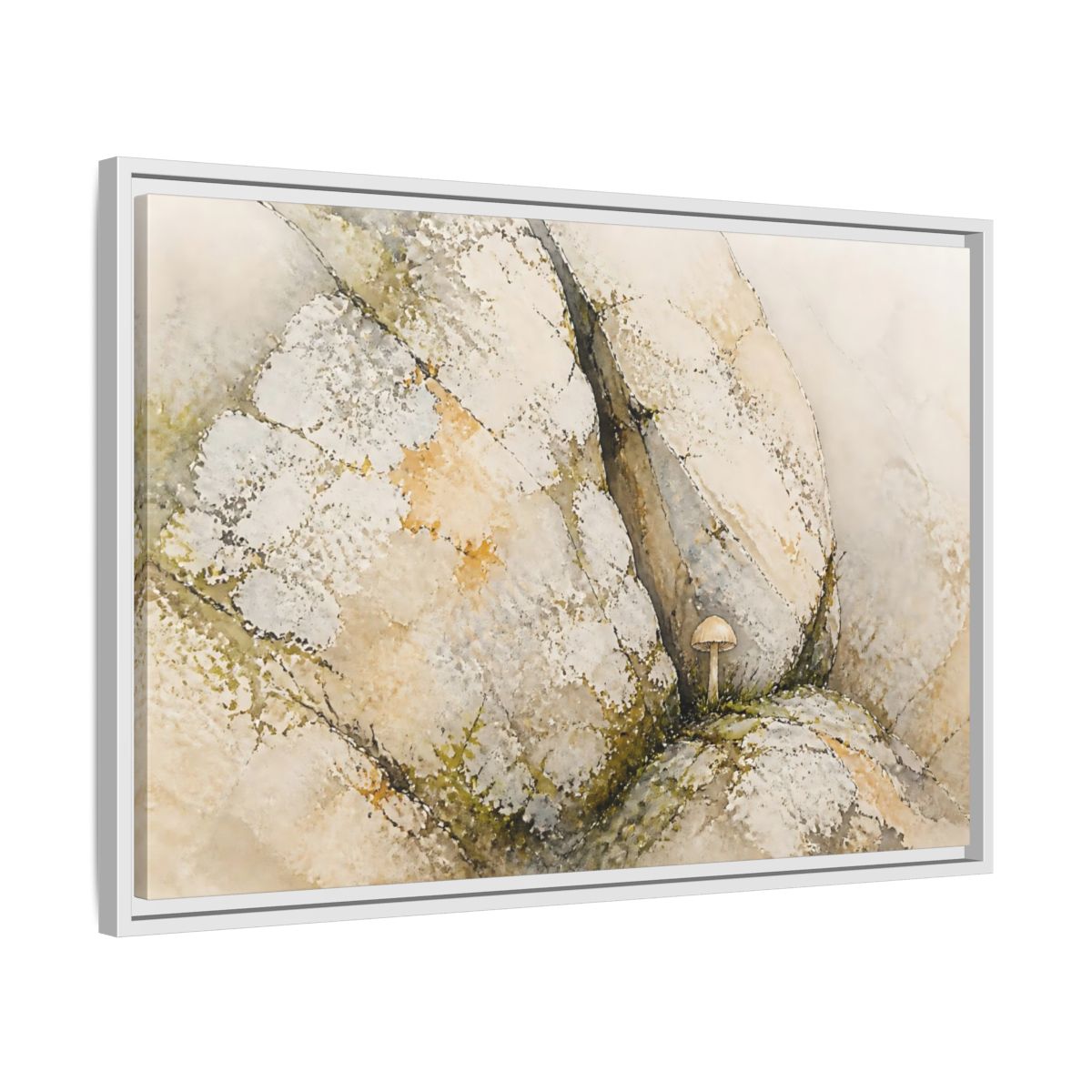 Side Mockup 10. Tiny Mushroom Beside Stone shown as framed canvas print