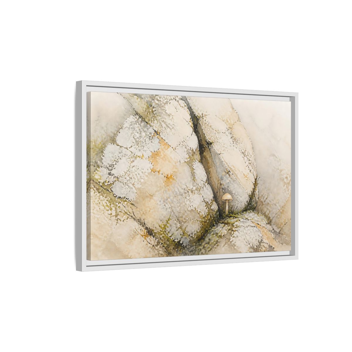 Side Mockup 1. Tiny Mushroom Beside Stone shown as framed canvas print