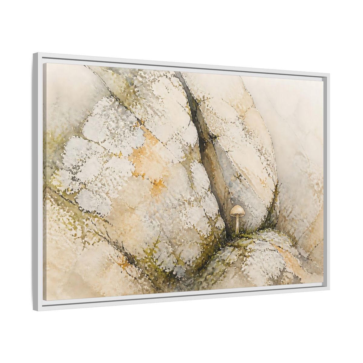 Side Mockup 9. Tiny Mushroom Beside Stone shown as framed canvas print