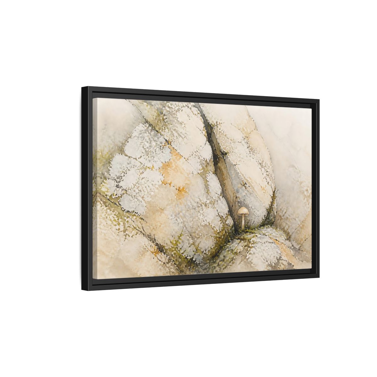 Side Mockup 3. Tiny Mushroom Beside Stone shown as framed canvas print