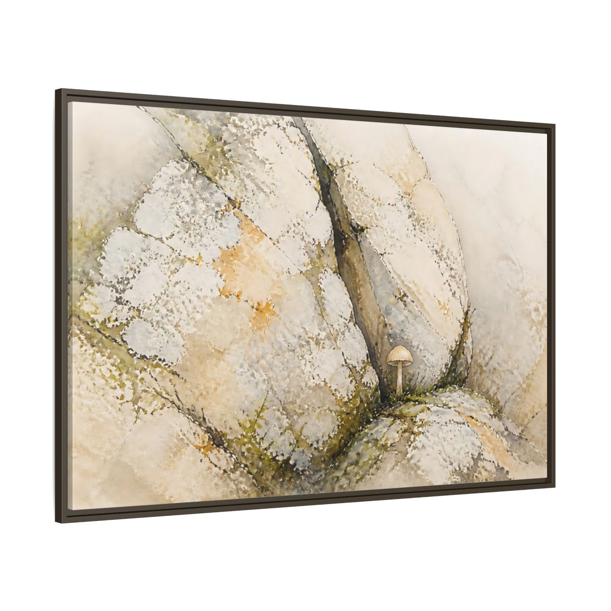Side Mockup 8. Tiny Mushroom Beside Stone shown as framed canvas print