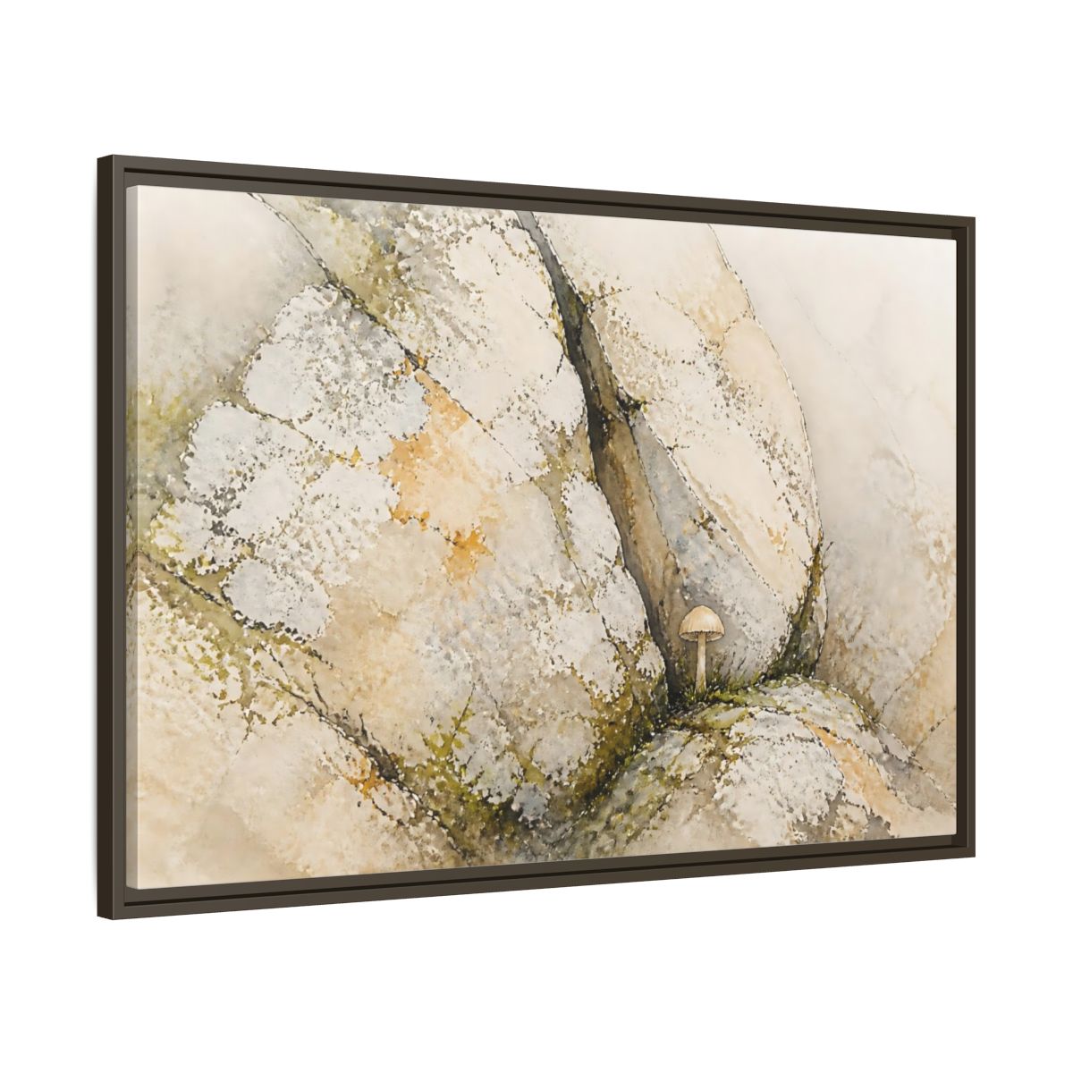 Main Mockup. Tiny Mushroom Beside Stone shown as framed canvas print