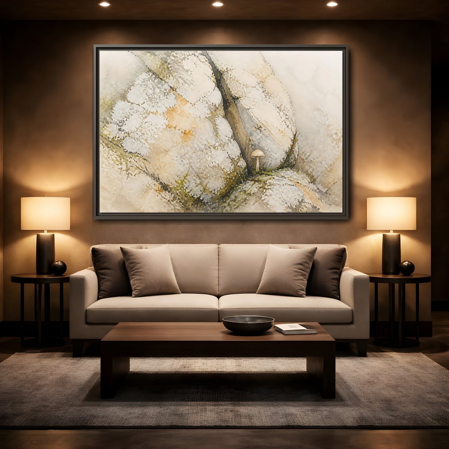 Mockup 2. Tiny Mushroom Beside Stone shown as framed canvas print
