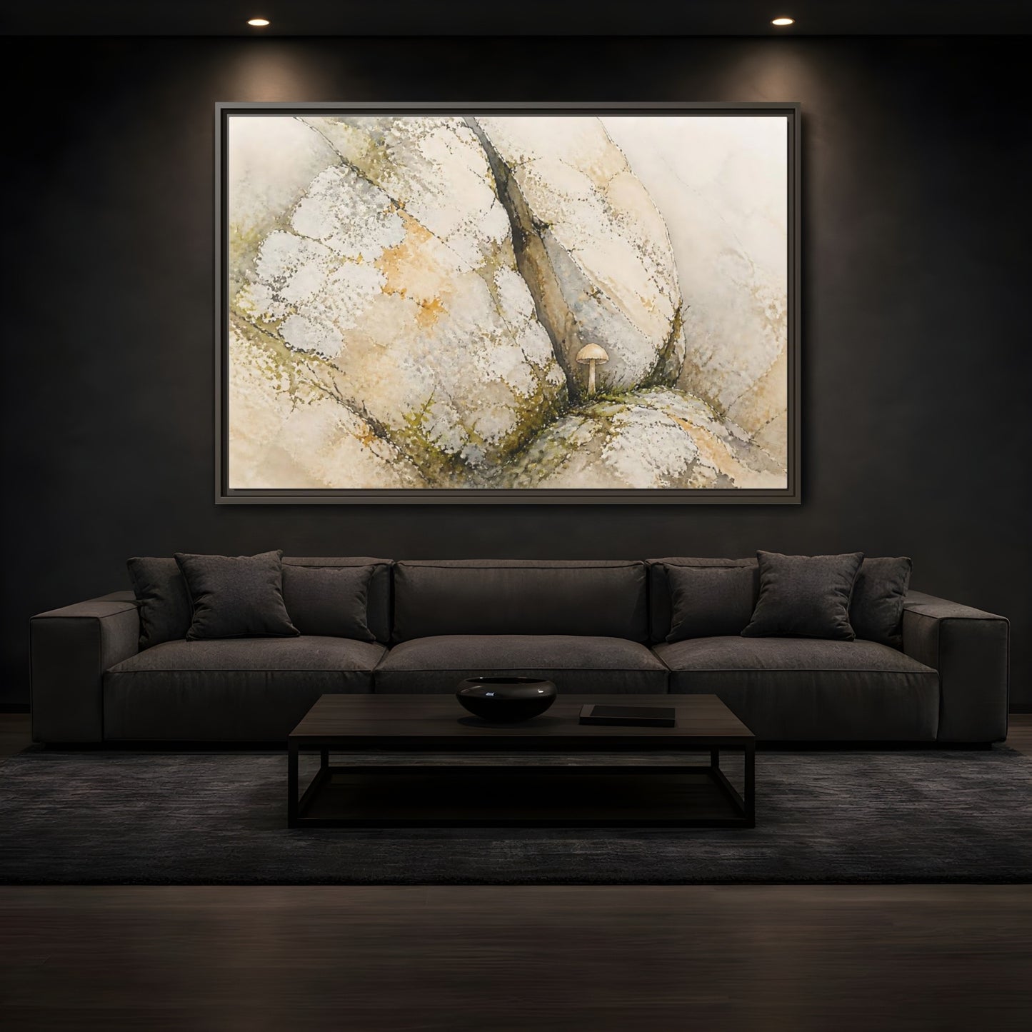 Mockup 3. Tiny Mushroom Beside Stone shown as framed canvas print
