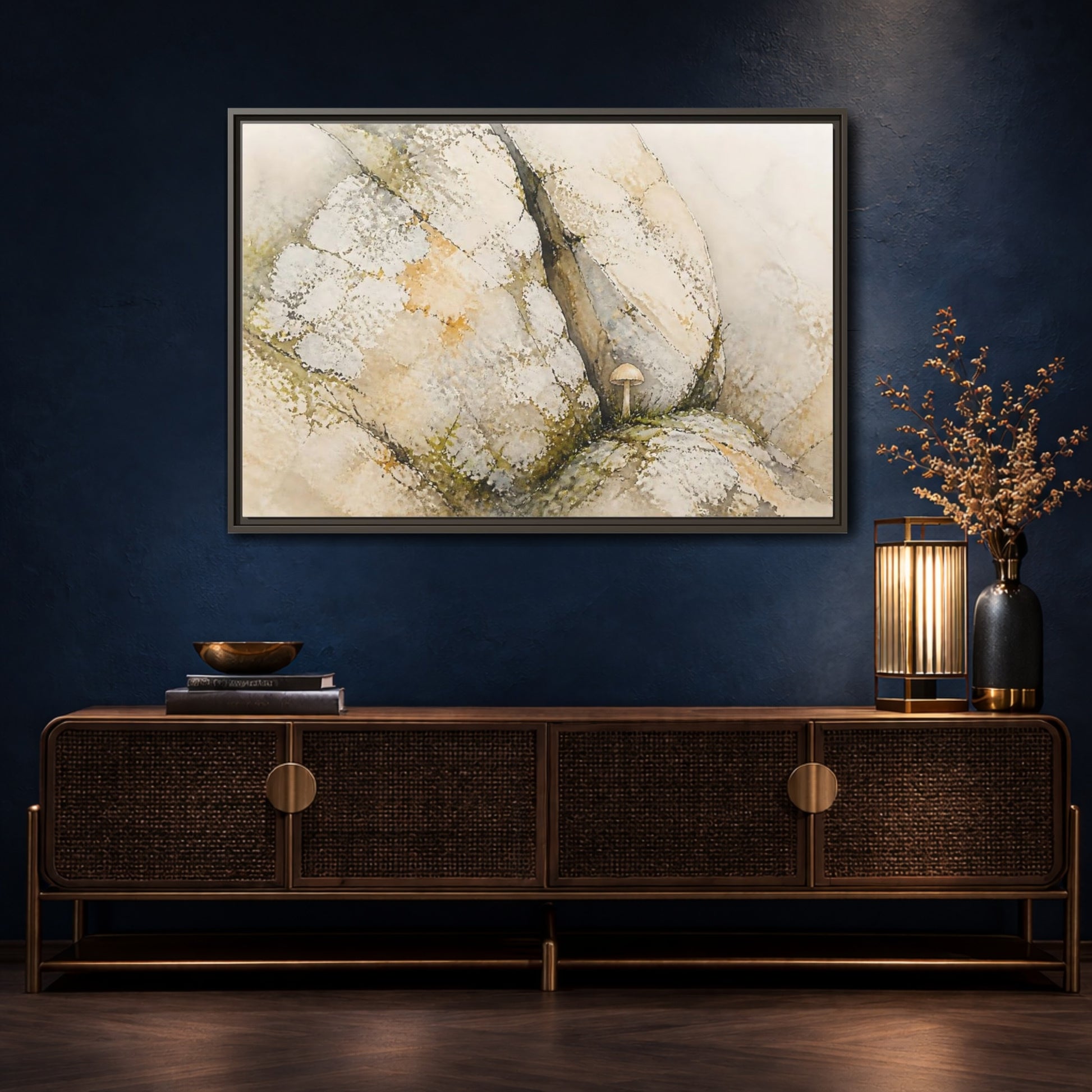 Mockup 4. Tiny Mushroom Beside Stone shown as framed canvas print