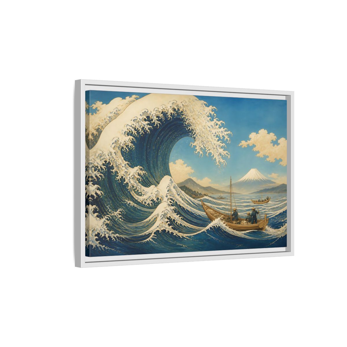 Side Mockup 1. Towering Wave And Boats shown as framed canvas print