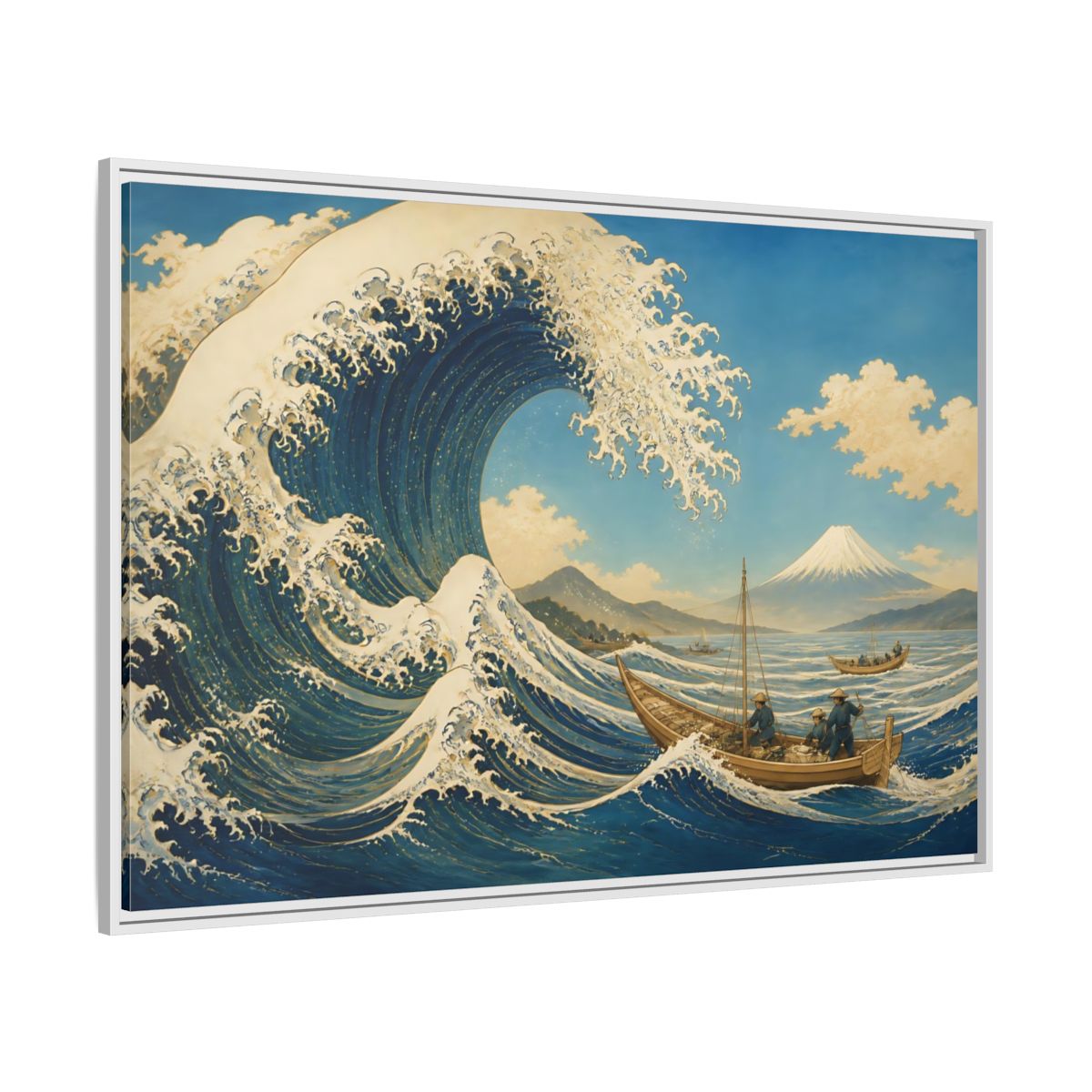 Side Mockup 7. Towering Wave And Boats shown as framed canvas print