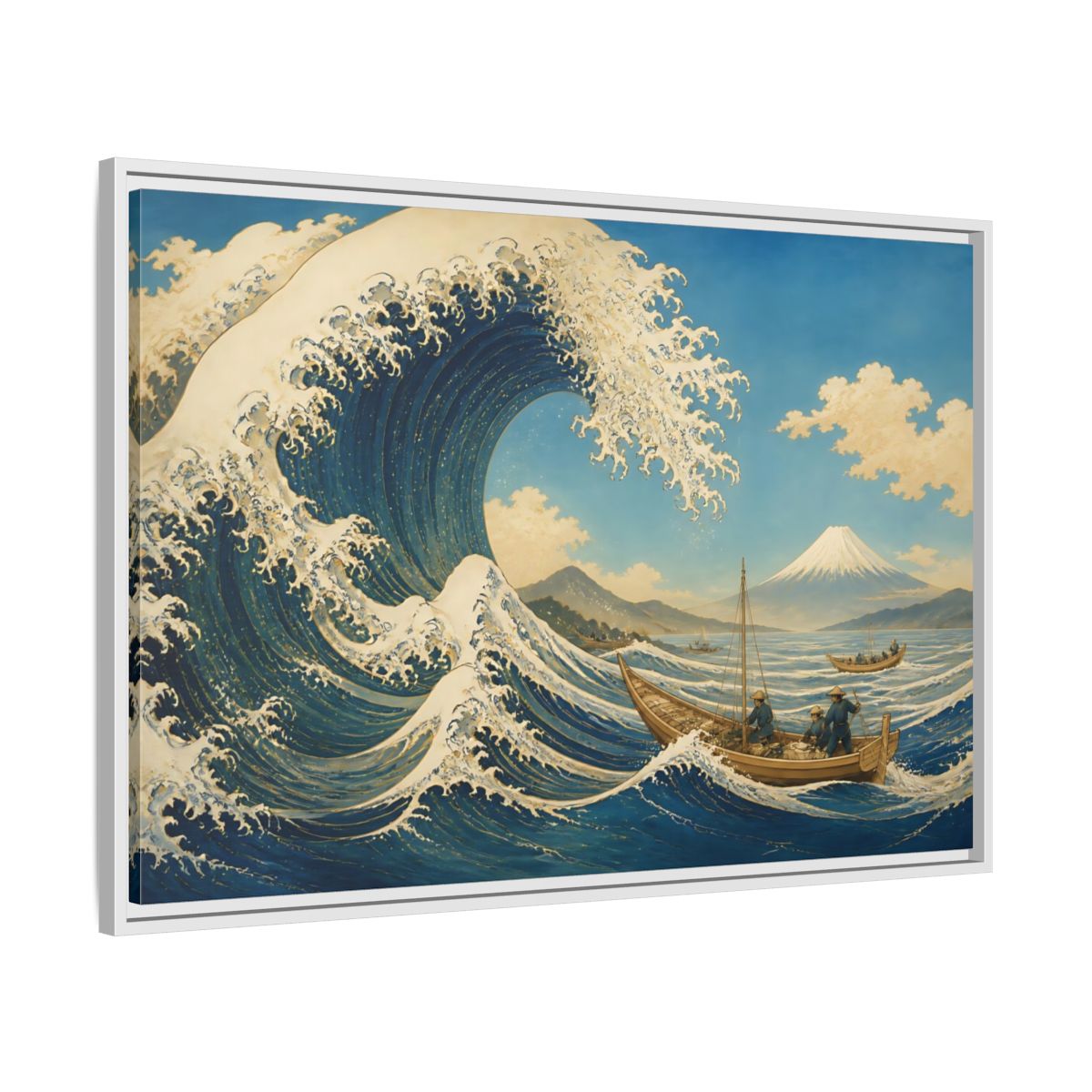 Side Mockup 9. Towering Wave And Boats shown as framed canvas print