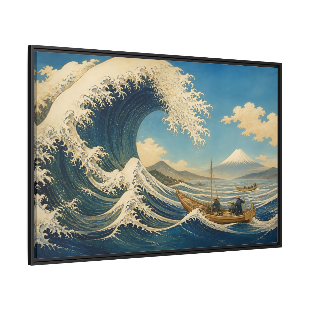 Side Mockup 12. Towering Wave And Boats shown as framed canvas print