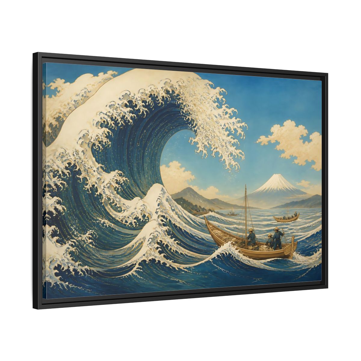 Side Mockup 13. Towering Wave And Boats shown as framed canvas print