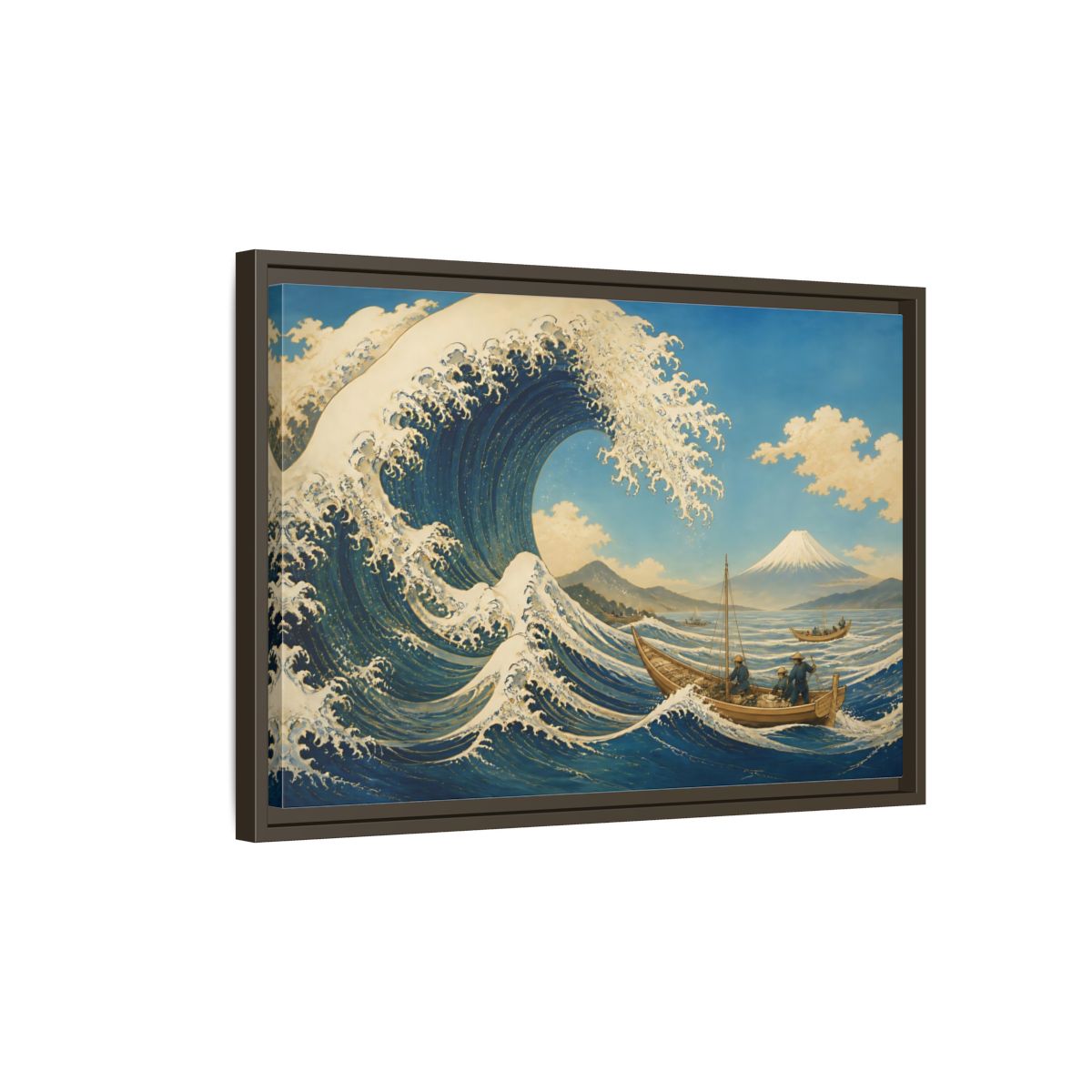 Side Mockup 2. Towering Wave And Boats shown as framed canvas print
