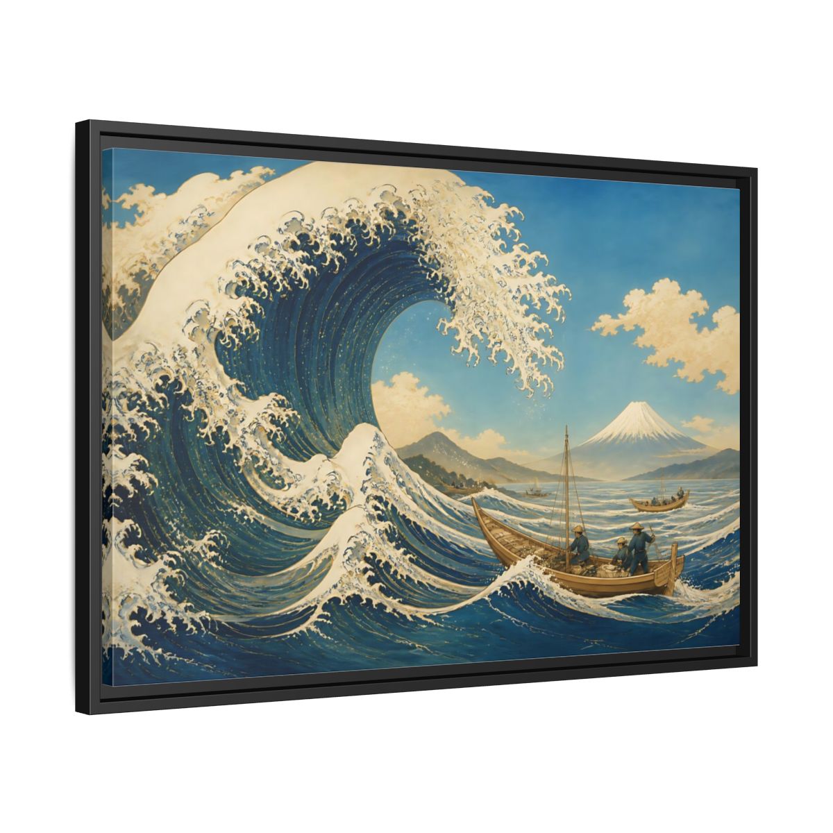 Side Mockup 14. Towering Wave And Boats shown as framed canvas print