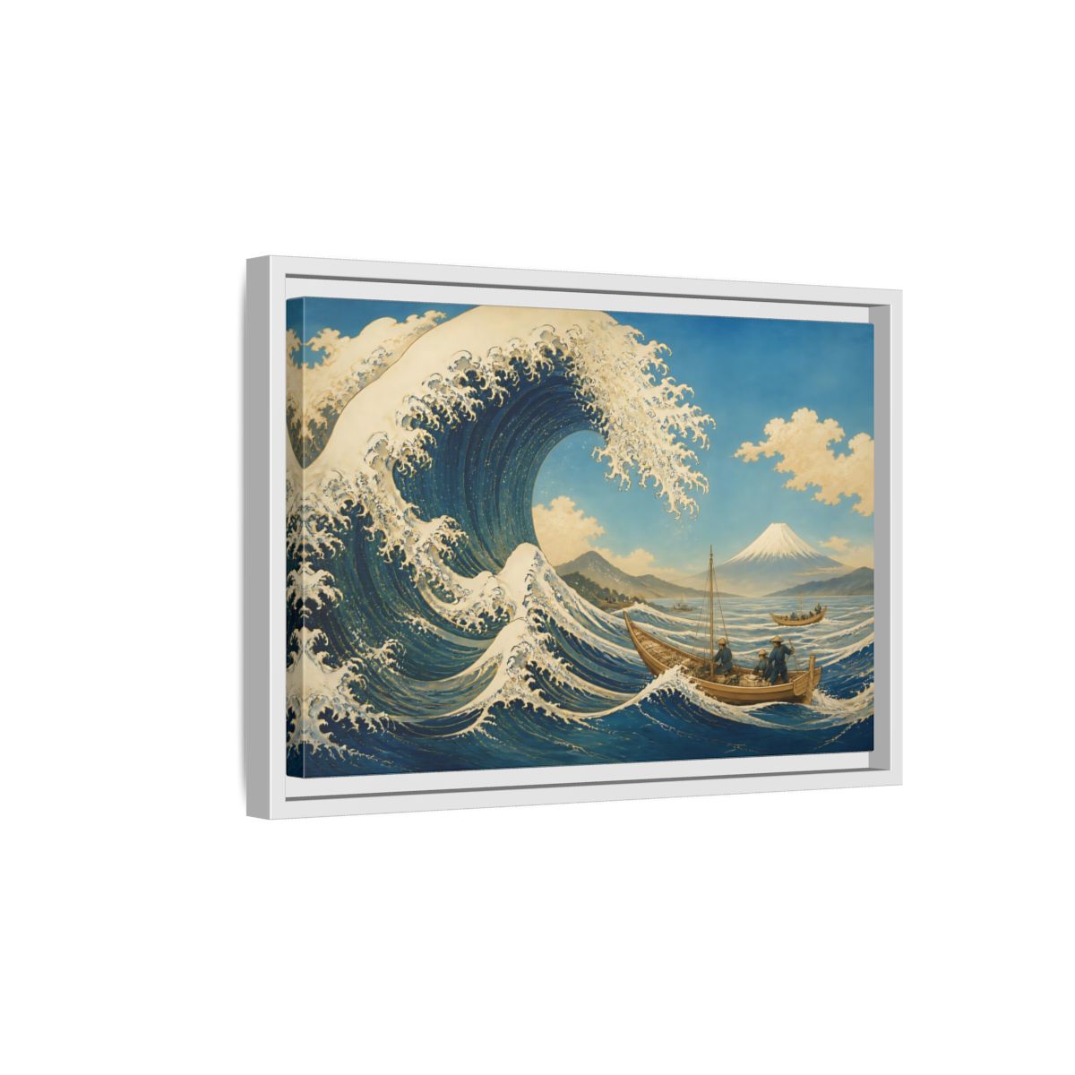 Side Mockup 4. Towering Wave And Boats shown as framed canvas print
