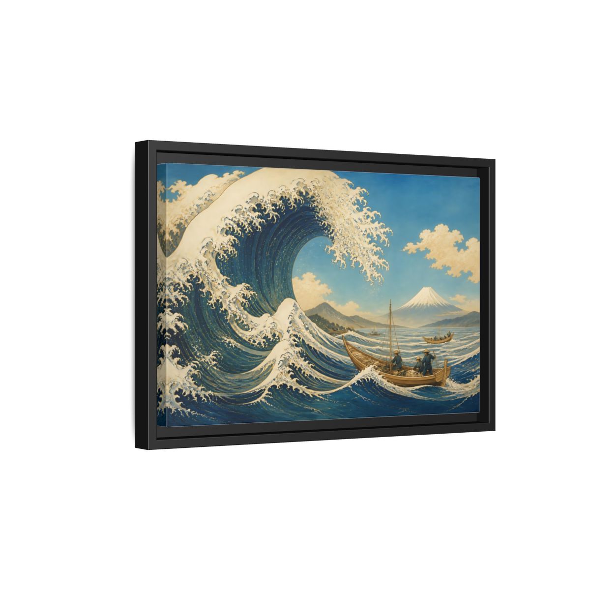Side Mockup 6. Towering Wave And Boats shown as framed canvas print