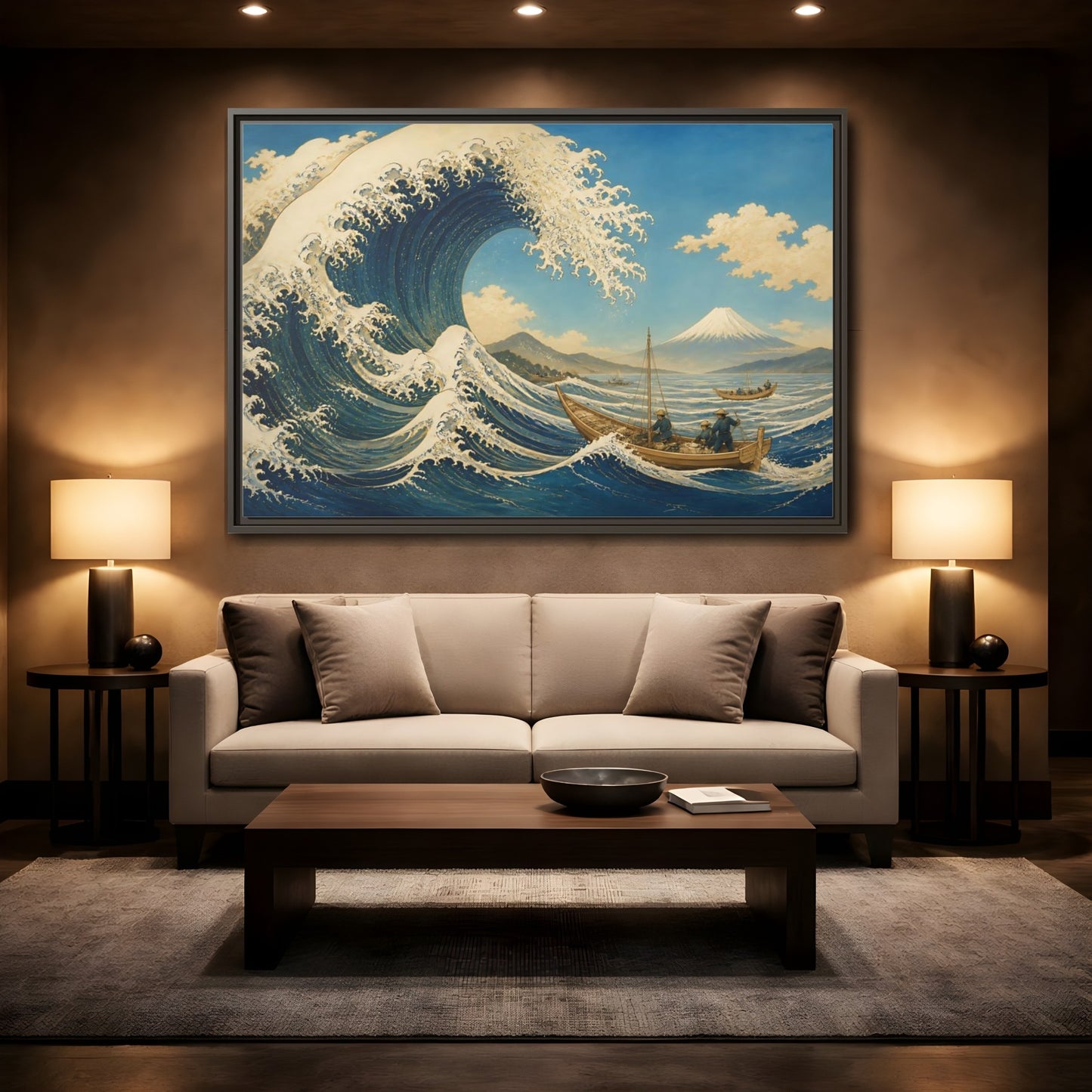 Mockup 2. Towering Wave And Boats shown as framed canvas print