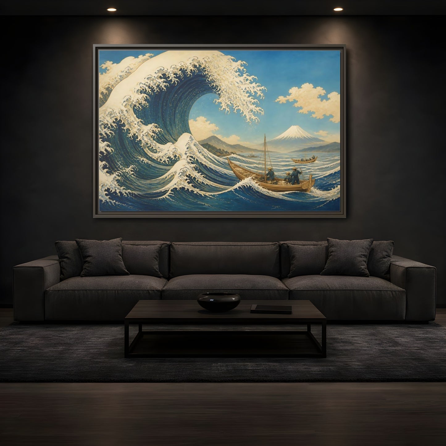 Mockup 3. Towering Wave And Boats shown as framed canvas print