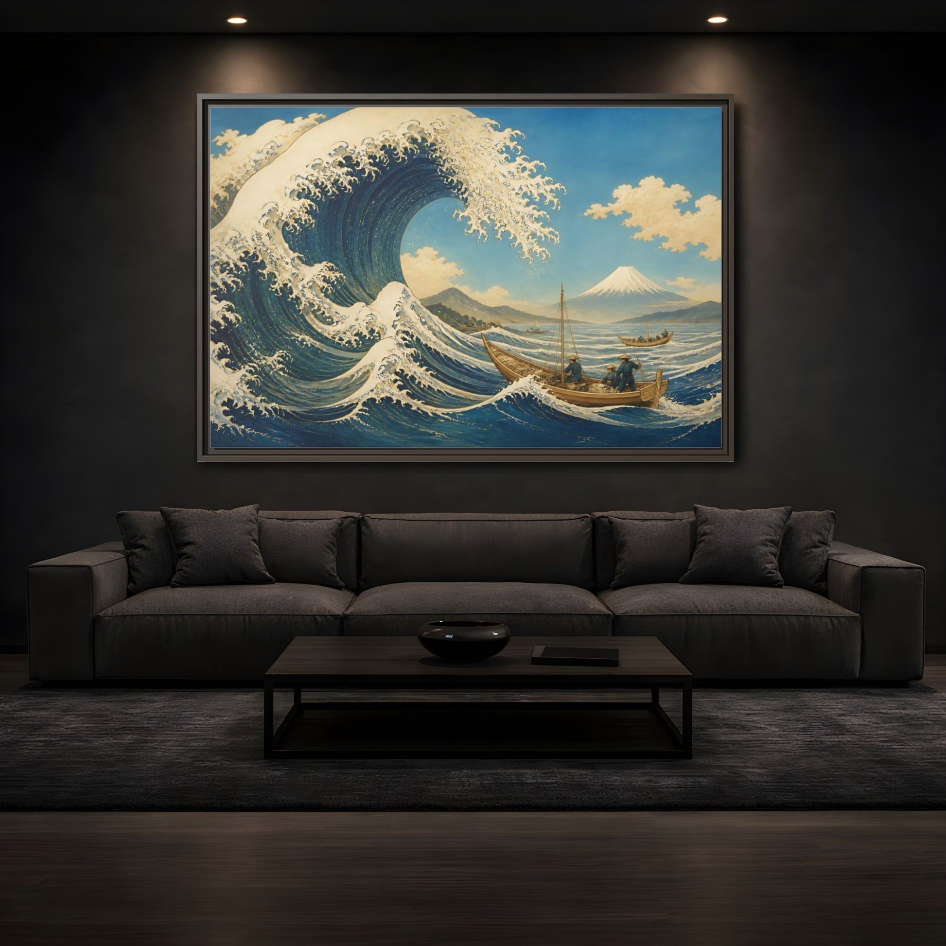 Mockup 3. Towering Wave And Boats shown as framed canvas print