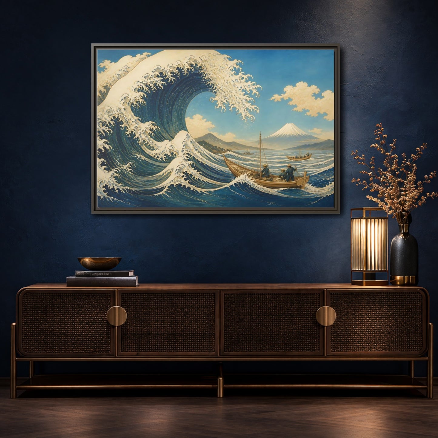 Mockup 4. Towering Wave And Boats shown as framed canvas print