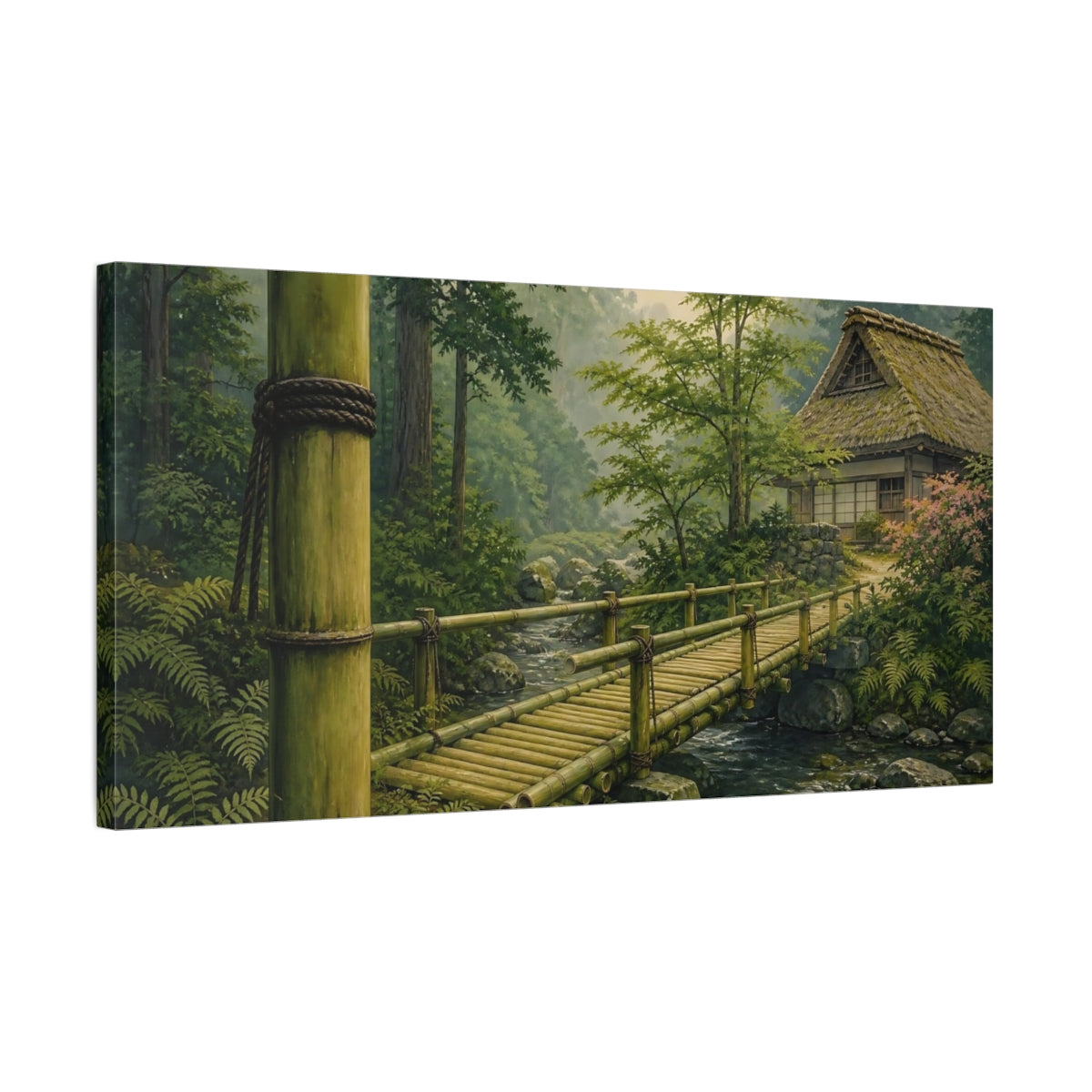 Side Mockup 1. Tranquil Bamboo Bridge shown as canvas print