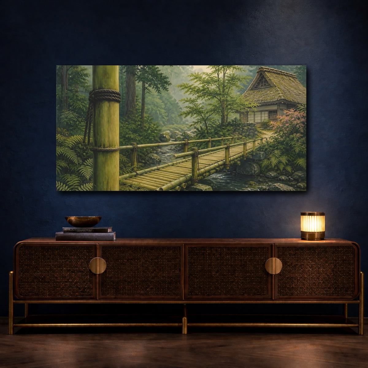 Mockup 4. Tranquil Bamboo Bridge shown as canvas print
