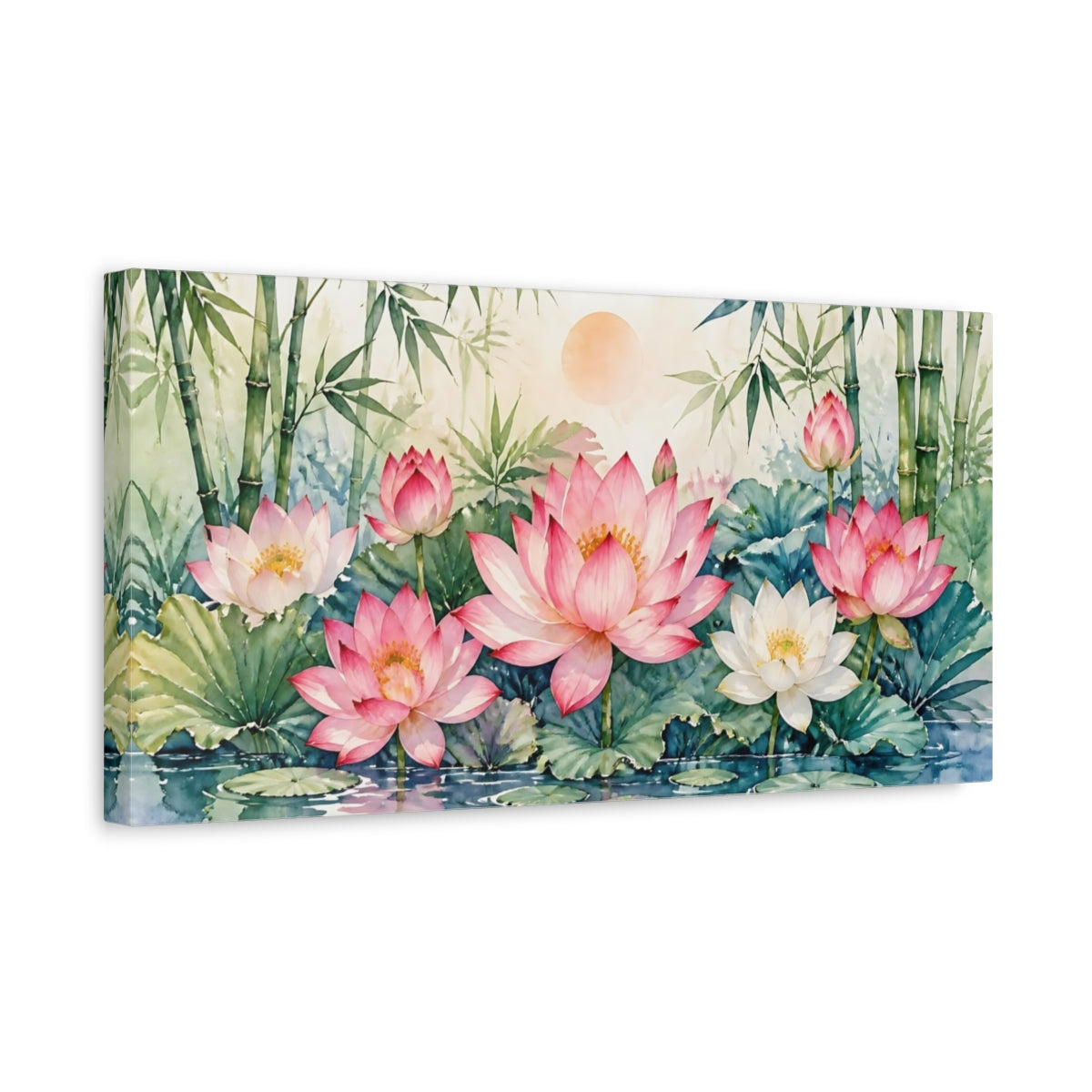 Side Mockup 3. Tranquil Lotus Pond shown as canvas print