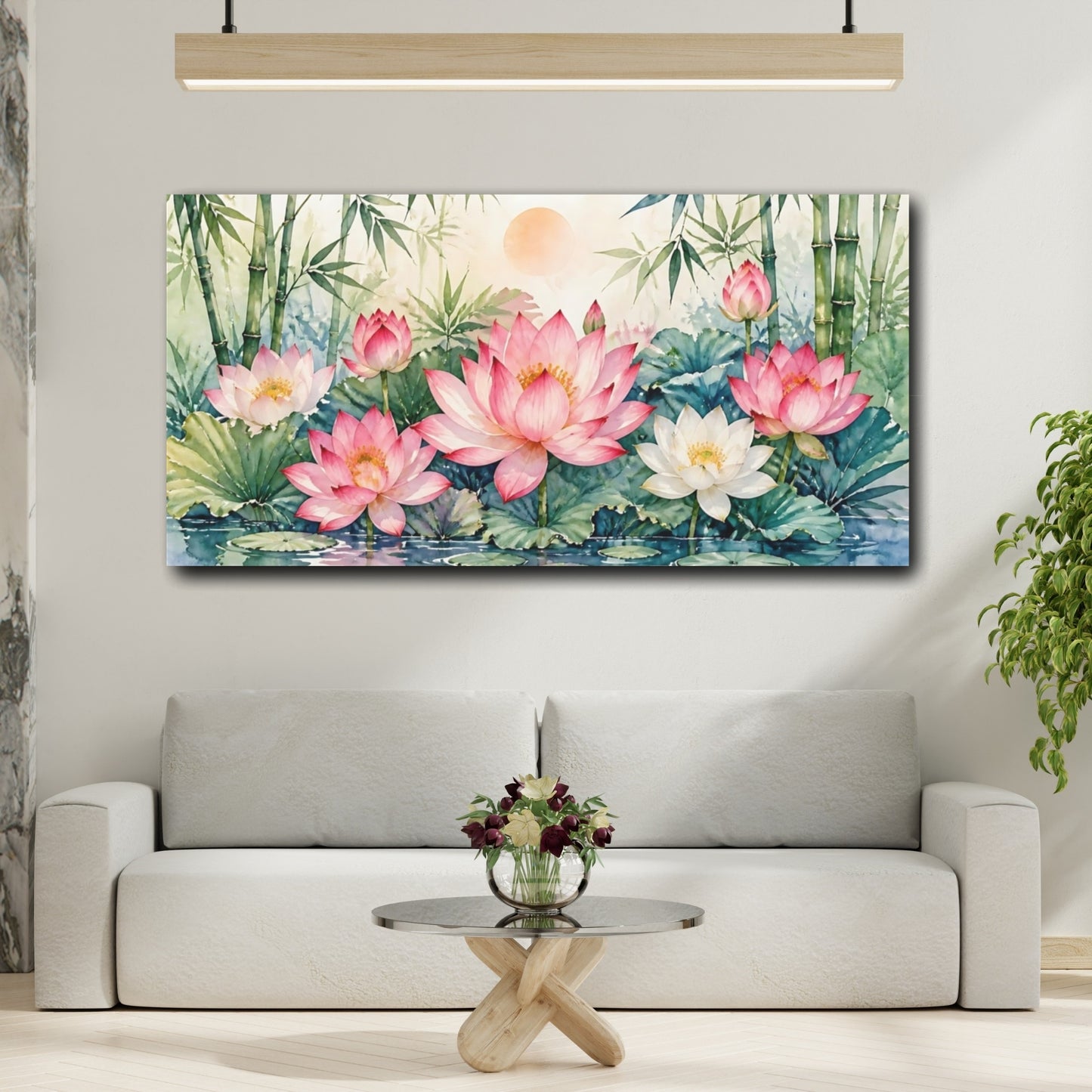 Mockup 2. Tranquil Lotus Pond shown as canvas print