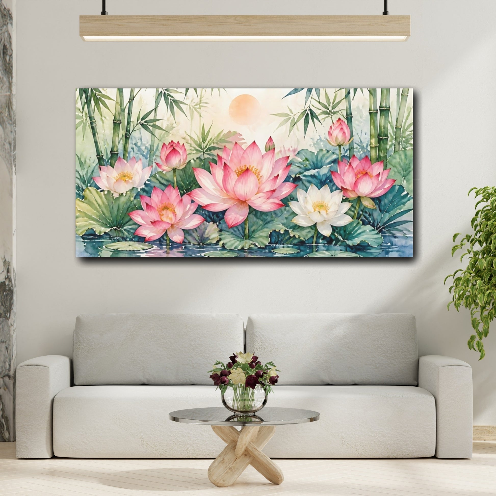 Mockup 2. Tranquil Lotus Pond shown as canvas print