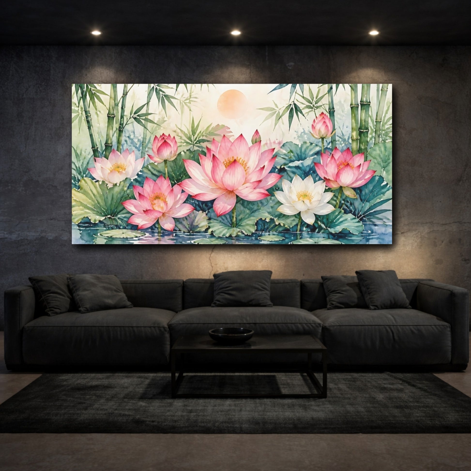 Mockup 3. Tranquil Lotus Pond shown as canvas print