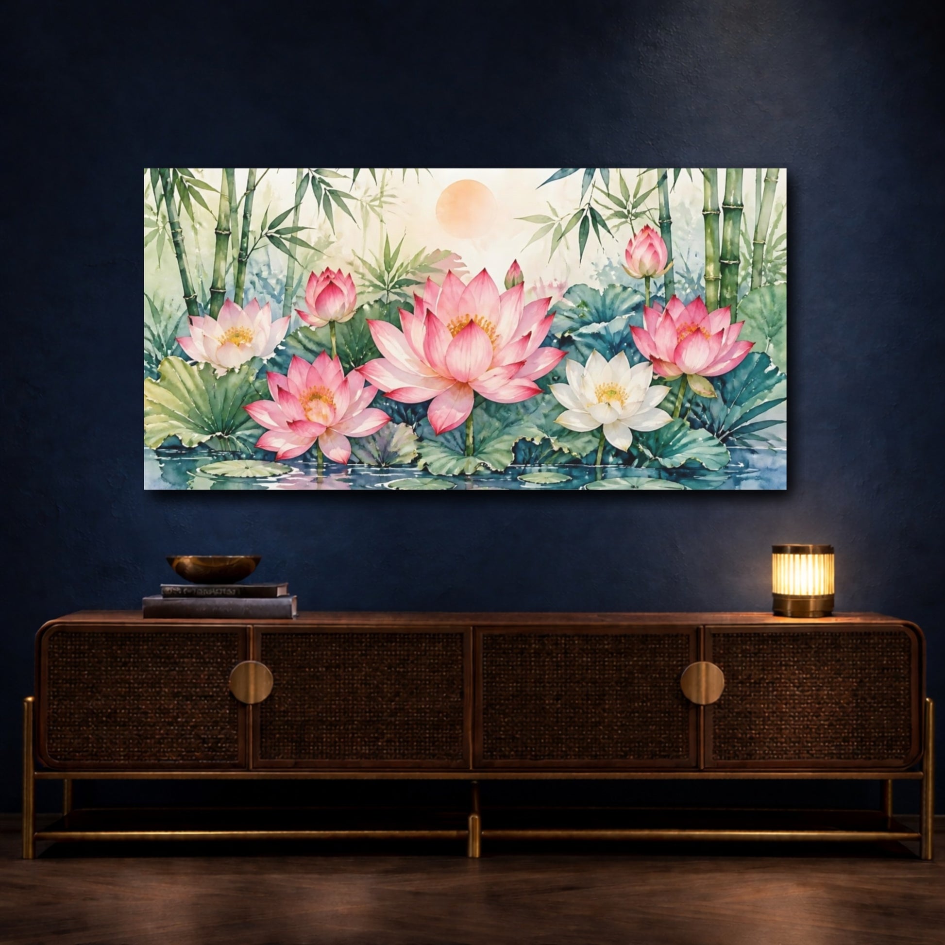 Mockup 4. Tranquil Lotus Pond shown as canvas print