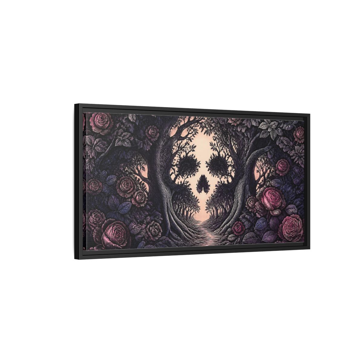 Side Mockup 2. Tree Skull Illusion shown as framed canvas print