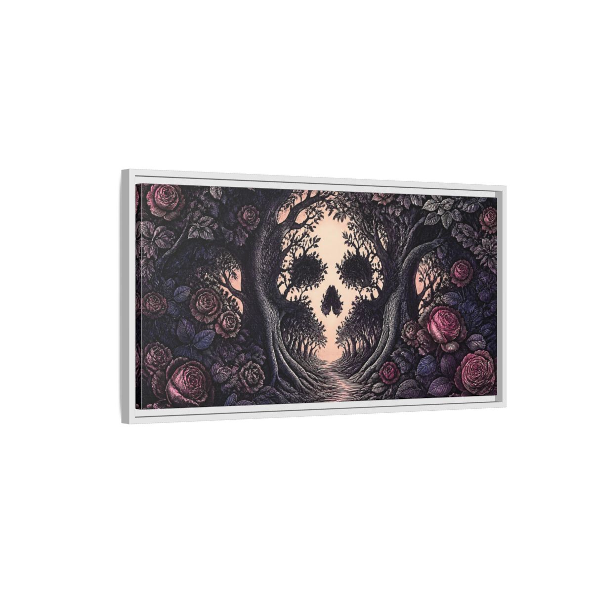 Side Mockup 1. Tree Skull Illusion shown as framed canvas print