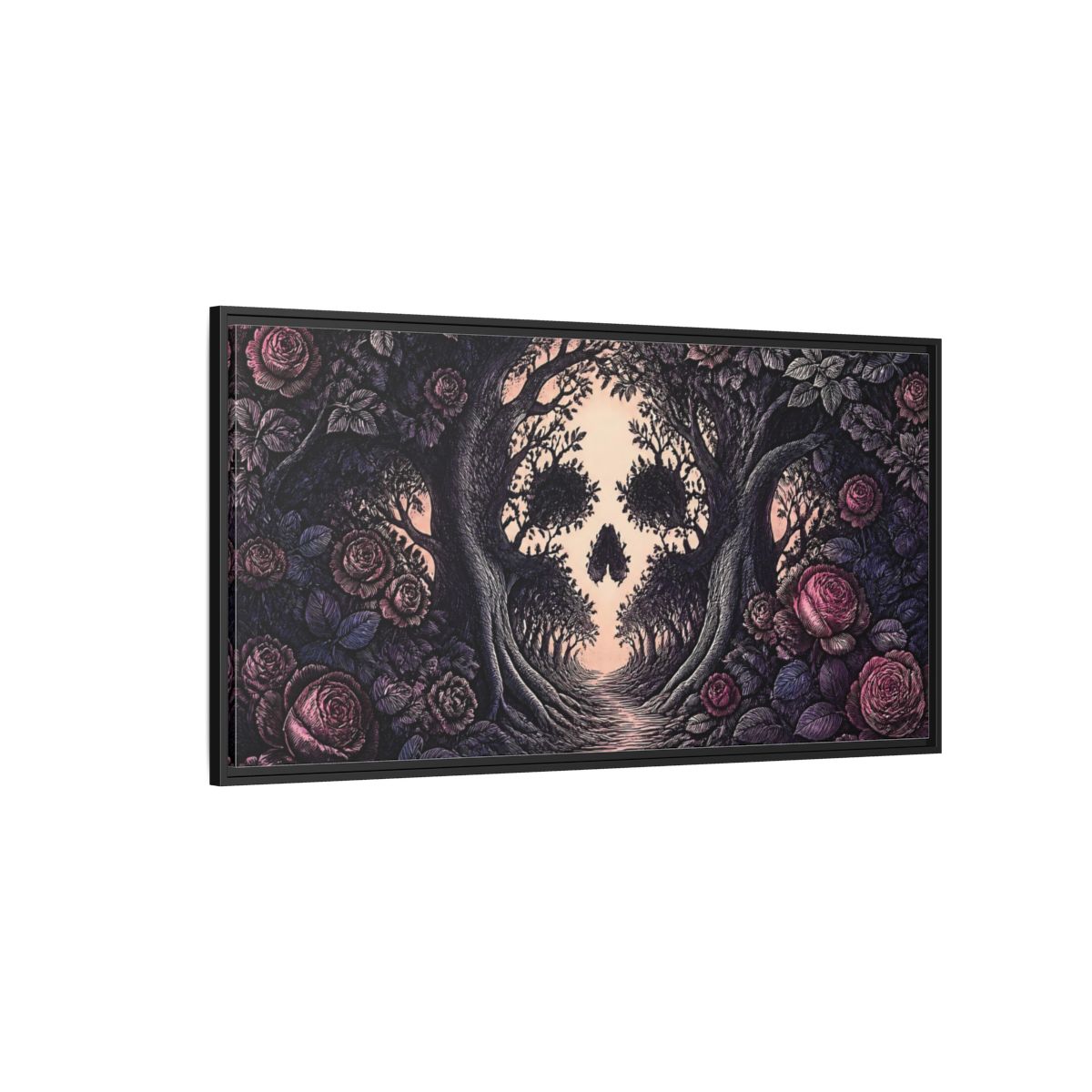 Side Mockup 5. Tree Skull Illusion shown as framed canvas print