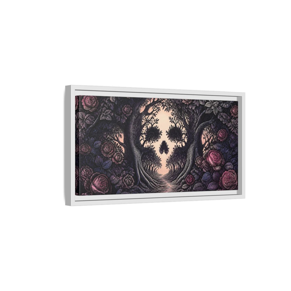 Side Mockup 6. Tree Skull Illusion shown as framed canvas print