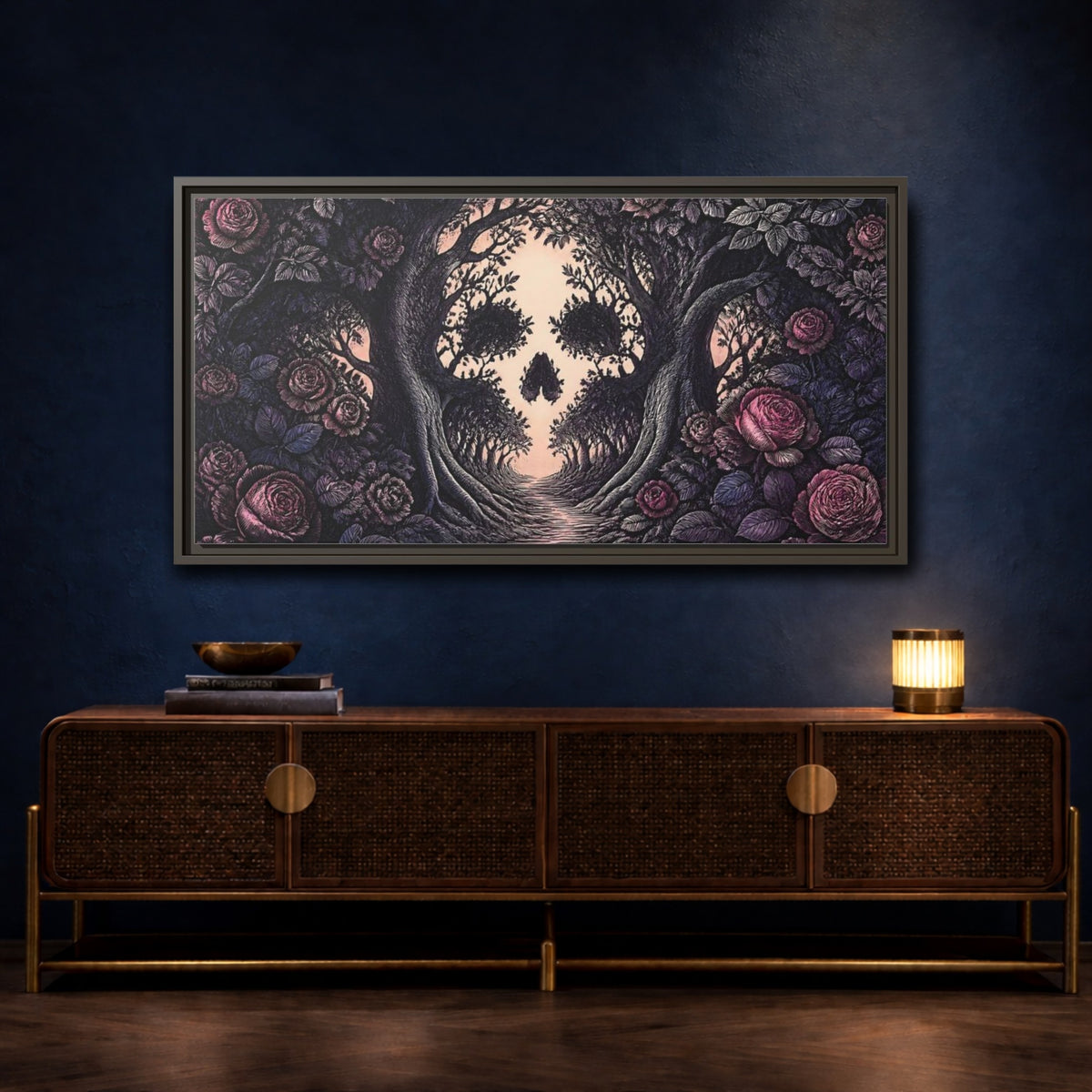 Mockup 4. Tree Skull Illusion shown as framed canvas print