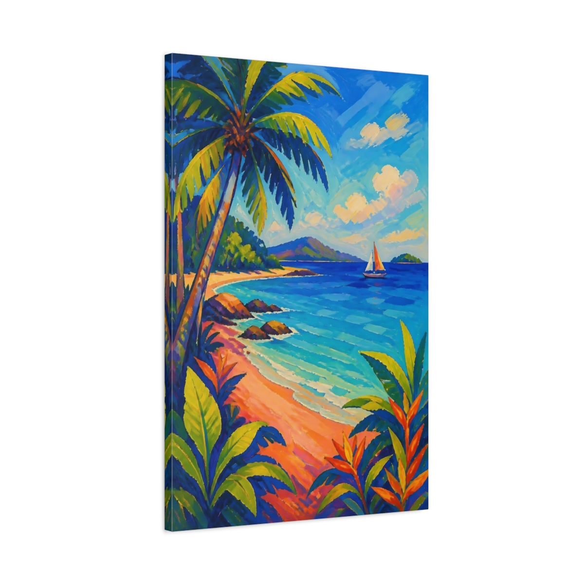 Main Mockup. Tropical Beach Sailboat shown as canvas print