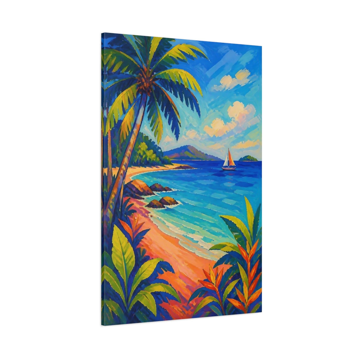 Side Mockup 1. Tropical Beach Sailboat shown as canvas print