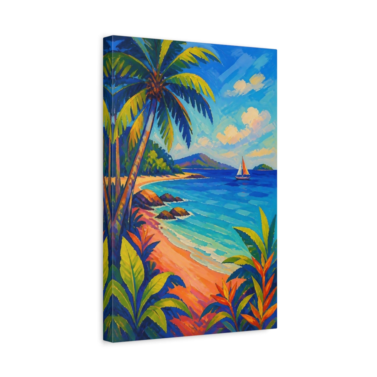 Side Mockup 4. Tropical Beach Sailboat shown as canvas print