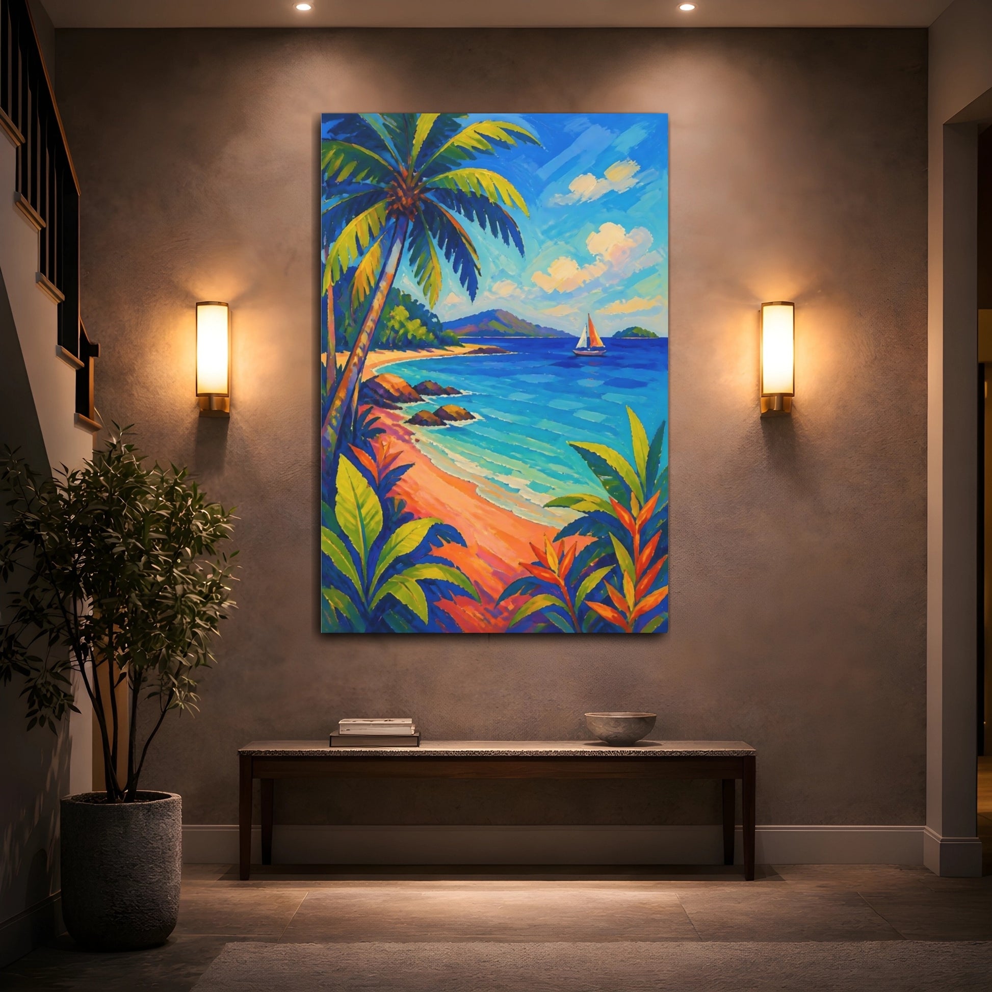 Mockup 2. Tropical Beach Sailboat shown as canvas print