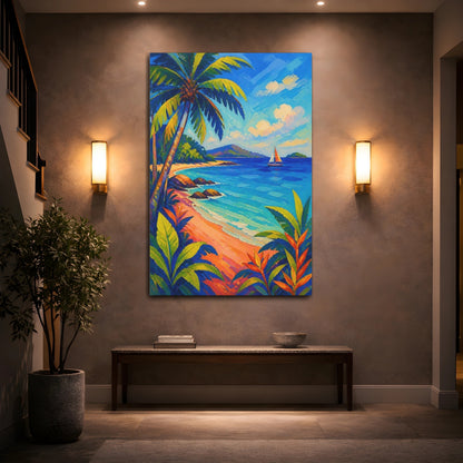 Mockup 2. Tropical Beach Sailboat shown as canvas print