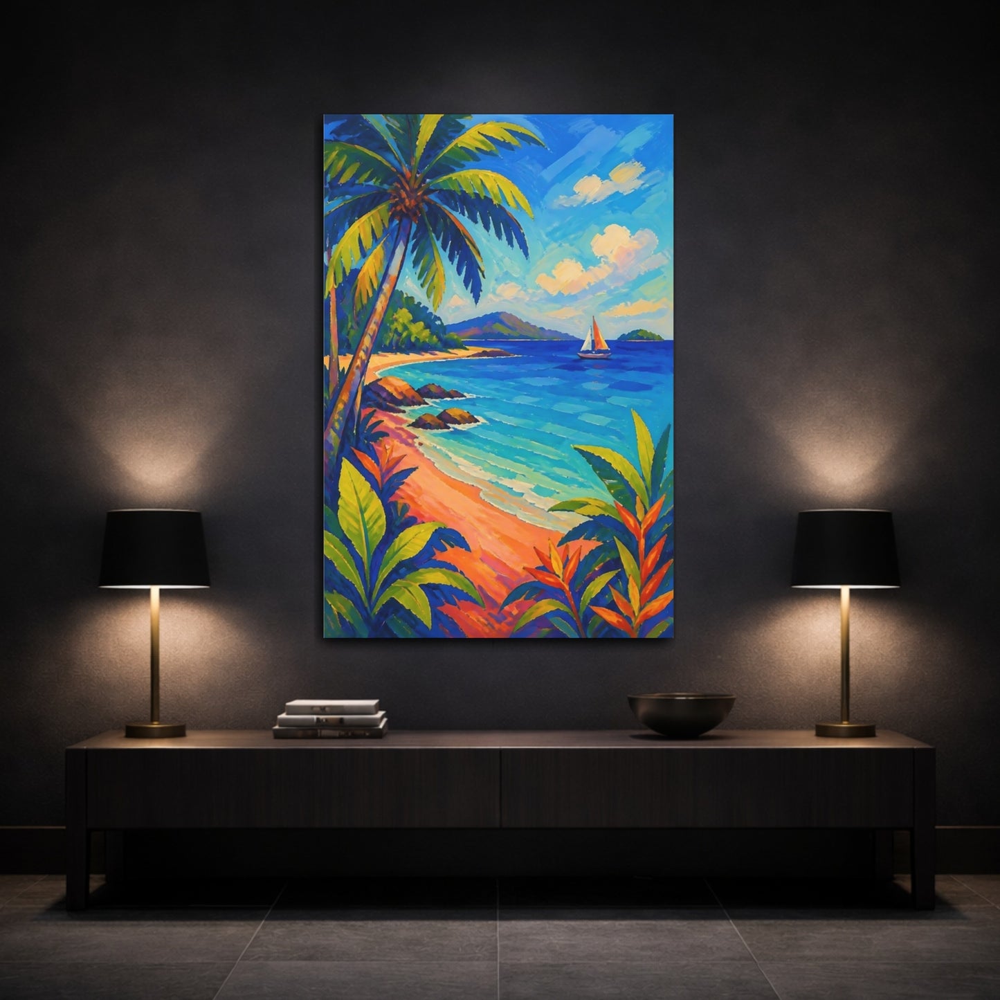 Mockup 3. Tropical Beach Sailboat shown as canvas print