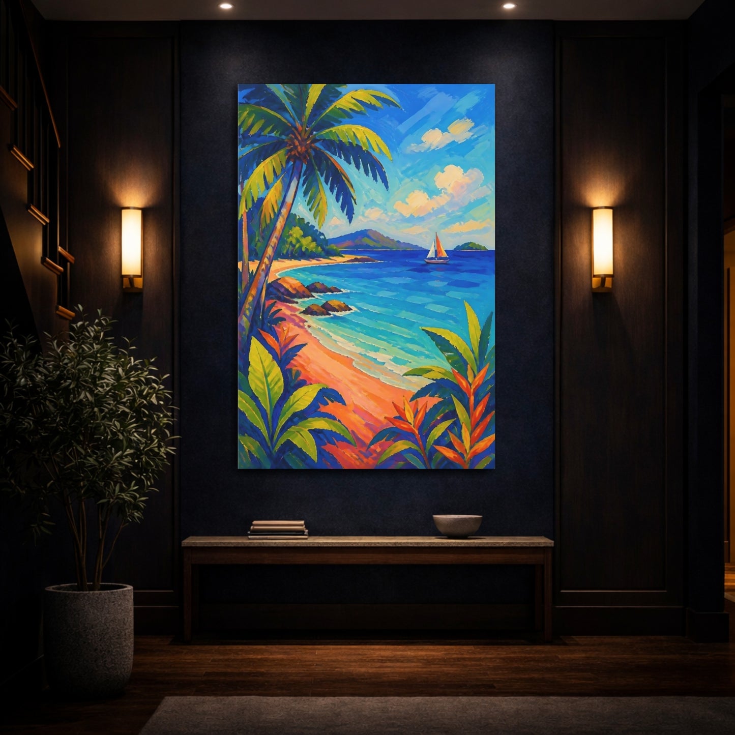 Mockup 4. Tropical Beach Sailboat shown as canvas print