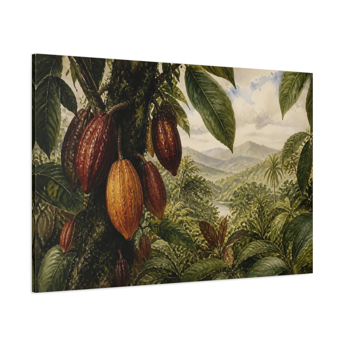 Side Mockup 1. Tropical Cacao Pod Landscape shown as canvas print